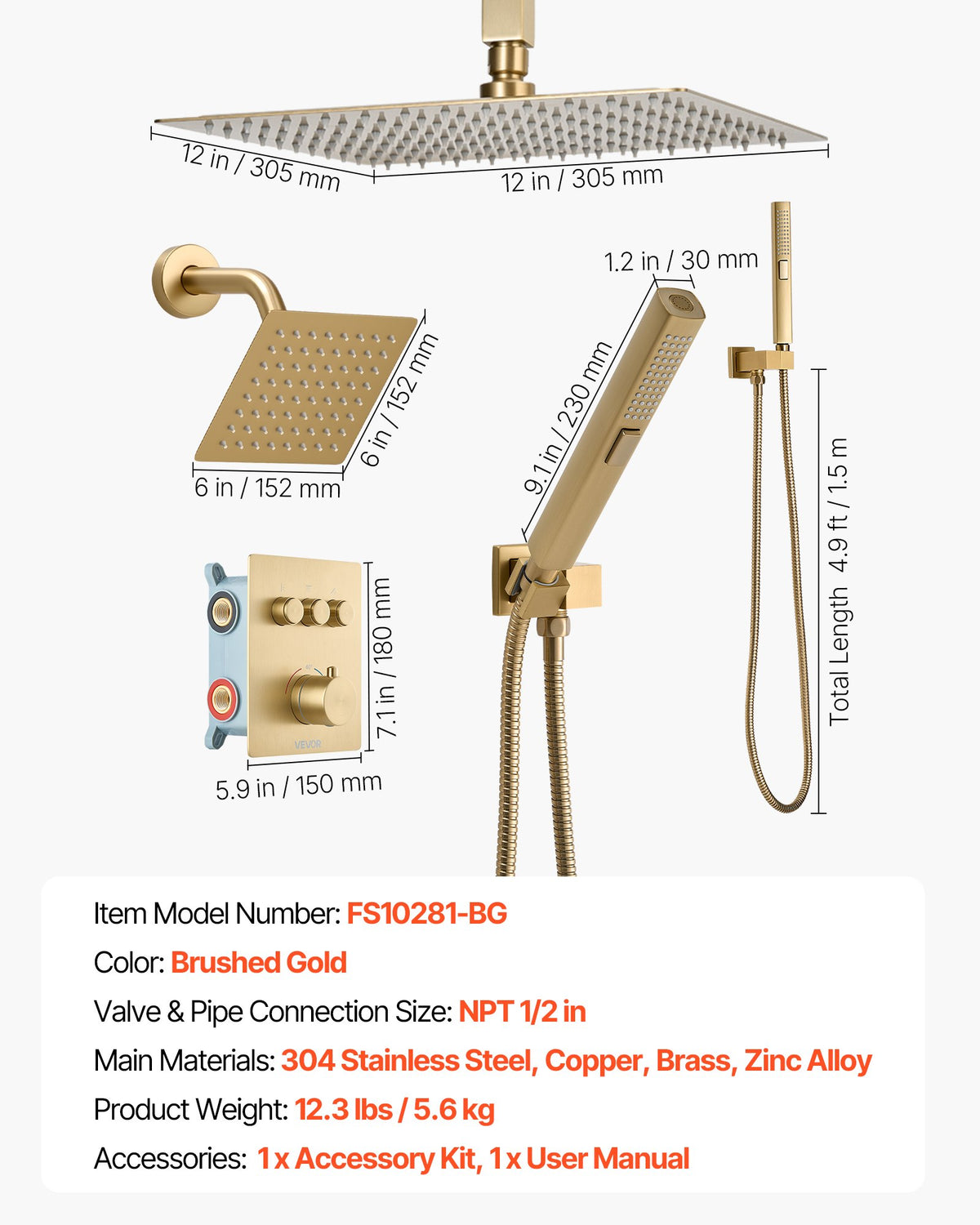 VEVOR Shower Faucet Set, 12 Inch Thermostatic Ceiling Mount Rainfall Shower System with 6 Inch Wall Mount Head and 2 in 1 Handheld Spray, 3-Function Dual Rain Head Brass Valve Trim Kit, Brushed Gold - DPCPHSPHSTZXFIWQI001V0 - view 8