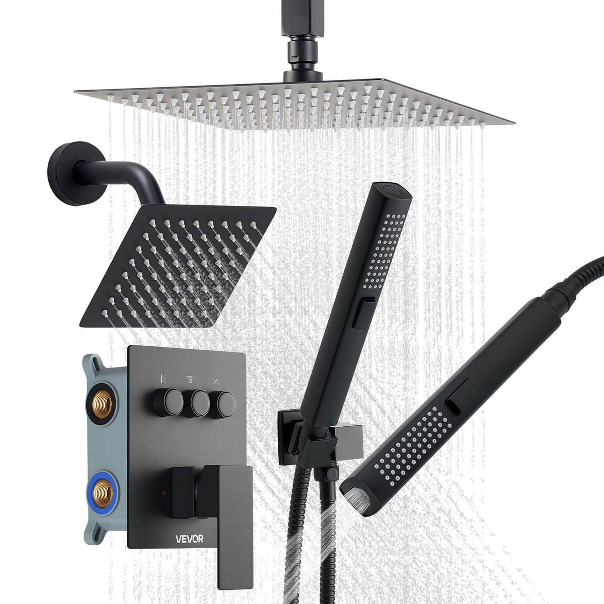 VEVOR Shower Faucet Set, 10 Inch Ceiling Mount Rainfall Shower System with 6 Inch Wall Mount Head and 2 in 1 Handheld Spray, Rotatable 3-Function Dual Rain Head Brass Valve and Trim Kit, Matte Black - DPCPHSPHSTZXNKWAI001V0 - view 1