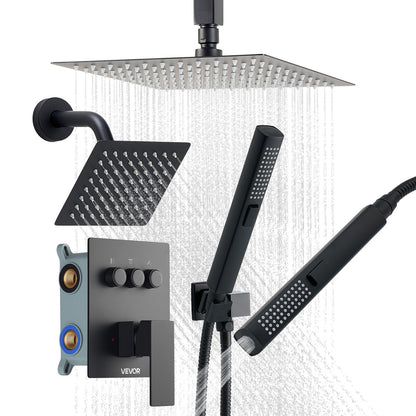 VEVOR Shower Faucet Set, 10 Inch Ceiling Mount Rainfall Shower System with 6 Inch Wall Mount Head and 2 in 1 Handheld Spray, Rotatable 3-Function Dual Rain Head Brass Valve and Trim Kit, Matte Black - DPCPHSPHSTZXNKWAI001V0 - view 1