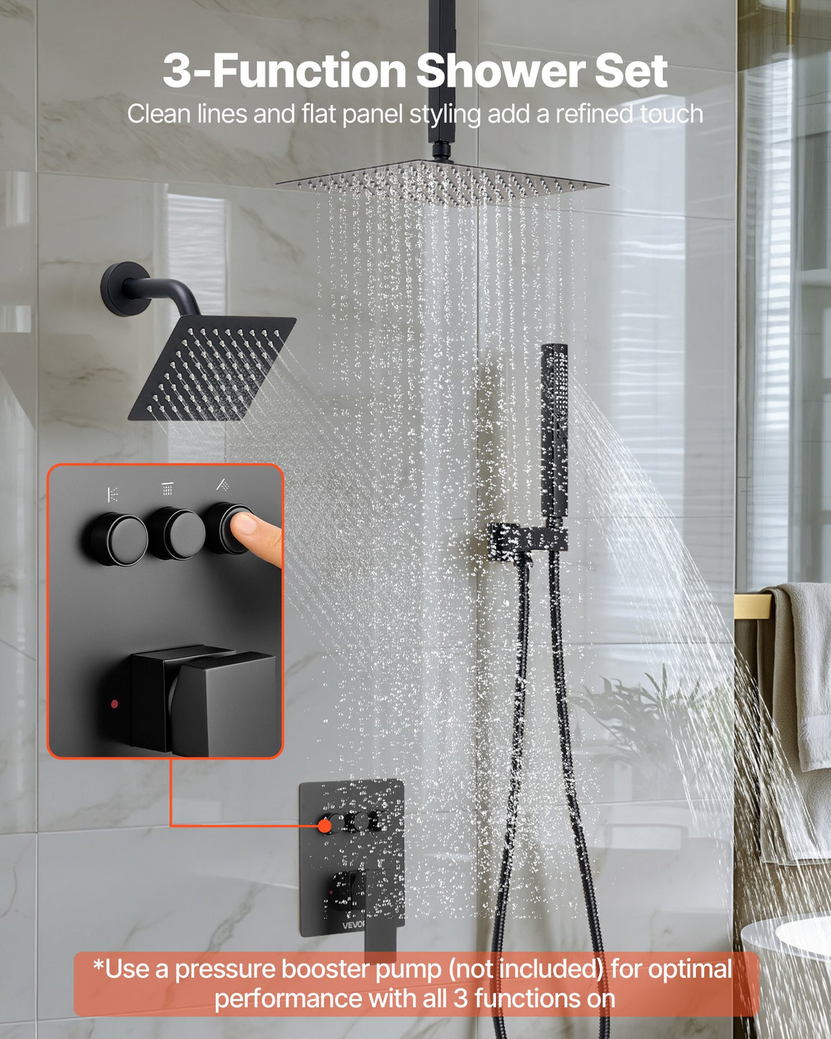 VEVOR Shower Faucet Set, 10 Inch Ceiling Mount Rainfall Shower System with 6 Inch Wall Mount Head and 2 in 1 Handheld Spray, Rotatable 3-Function Dual Rain Head Brass Valve and Trim Kit, Matte Black - DPCPHSPHSTZXNKWAI001V0 - view 3