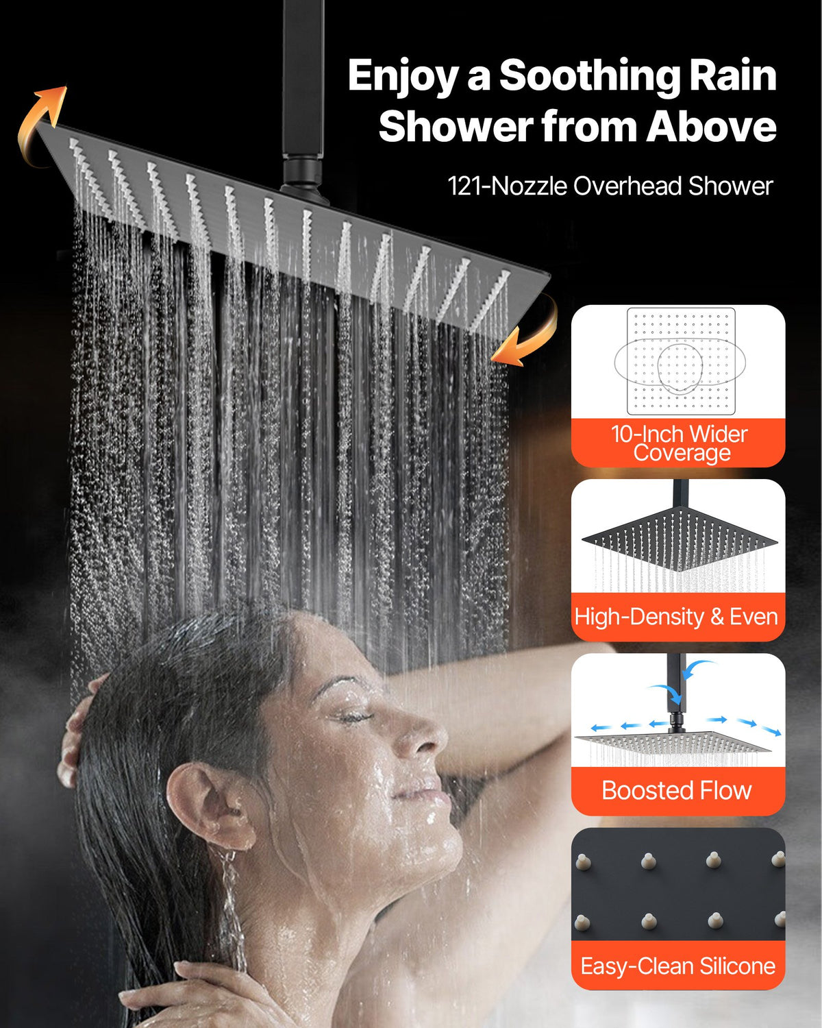 VEVOR Shower Faucet Set, 10 Inch Ceiling Mount Rainfall Shower System with 6 Inch Wall Mount Head and 2 in 1 Handheld Spray, Rotatable 3-Function Dual Rain Head Brass Valve and Trim Kit, Matte Black - DPCPHSPHSTZXNKWAI001V0 - view 5