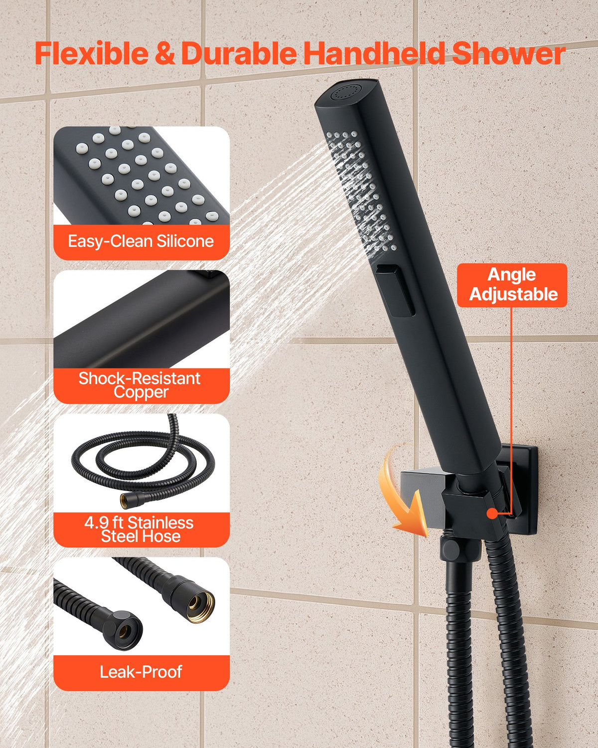 VEVOR Shower Faucet Set, 10 Inch Ceiling Mount Rainfall Shower System with 6 Inch Wall Mount Head and 2 in 1 Handheld Spray, Rotatable 3-Function Dual Rain Head Brass Valve and Trim Kit, Matte Black - DPCPHSPHSTZXNKWAI001V0 - view 7