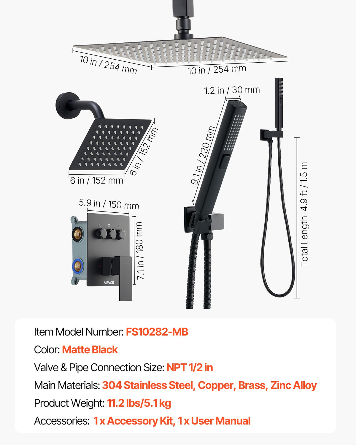 VEVOR Shower Faucet Set, 10 Inch Ceiling Mount Rainfall Shower System with 6 Inch Wall Mount Head and 2 in 1 Handheld Spray, Rotatable 3-Function Dual Rain Head Brass Valve and Trim Kit, Matte Black - DPCPHSPHSTZXNKWAI001V0 - view 8