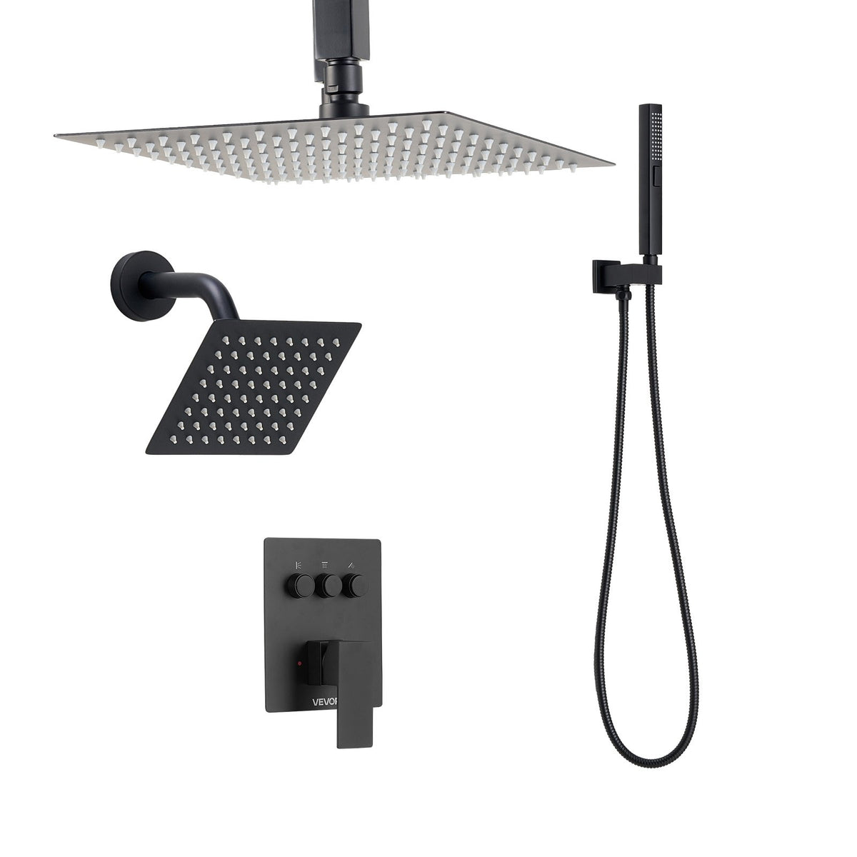 VEVOR Shower Faucet Set, 10 Inch Ceiling Mount Rainfall Shower System with 6 Inch Wall Mount Head and 2 in 1 Handheld Spray, Rotatable 3-Function Dual Rain Head Brass Valve and Trim Kit, Matte Black - DPCPHSPHSTZXNKWAI001V0 - view 10