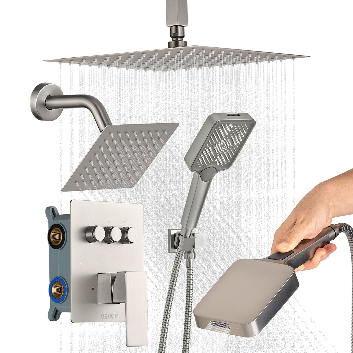 VEVOR Shower Faucet Set, 12 Inch Ceiling Mount Rainfall Shower System with 6 Inch Wall Mount Head and 4 in 1 Handheld Spray, Rotatable 3-Function Dual Rain Head Brass Valve & Trim Kit, Brushed Nickel - DPCPHSPHSTZXSBOUZ001V0 - view 1