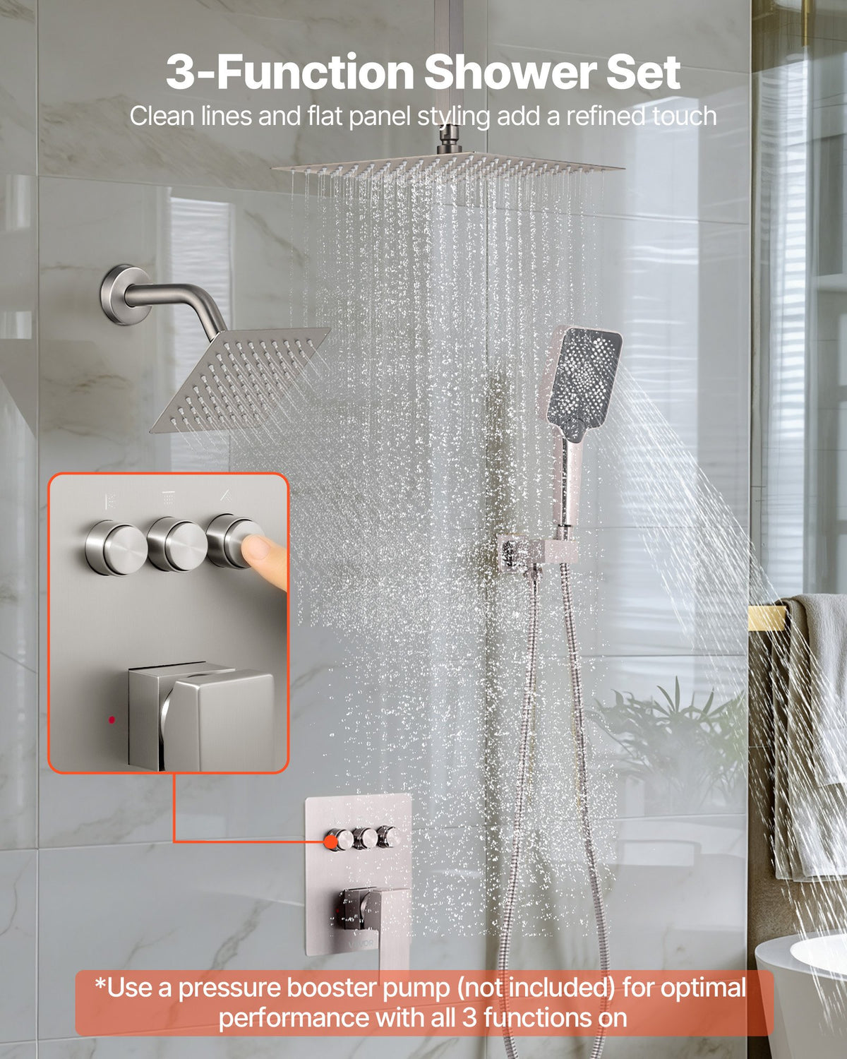 VEVOR Shower Faucet Set, 12 Inch Ceiling Mount Rainfall Shower System with 6 Inch Wall Mount Head and 4 in 1 Handheld Spray, Rotatable 3-Function Dual Rain Head Brass Valve & Trim Kit, Brushed Nickel - DPCPHSPHSTZXSBOUZ001V0 - view 3