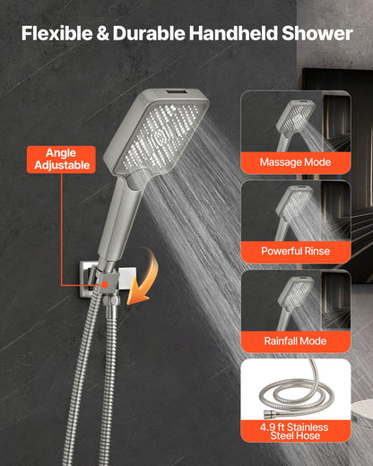 VEVOR Shower Faucet Set, 12 Inch Ceiling Mount Rainfall Shower System with 6 Inch Wall Mount Head and 4 in 1 Handheld Spray, Rotatable 3-Function Dual Rain Head Brass Valve & Trim Kit, Brushed Nickel - DPCPHSPHSTZXSBOUZ001V0 - view 5
