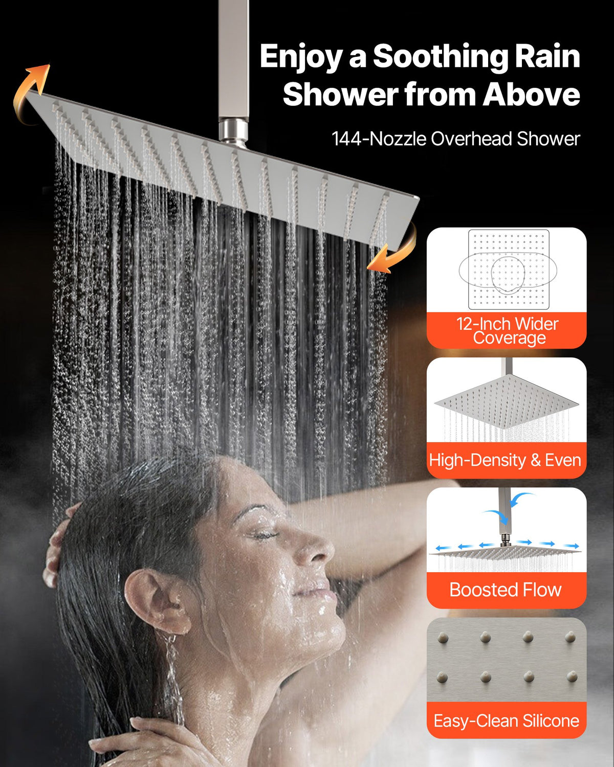 VEVOR Shower Faucet Set, 12 Inch Ceiling Mount Rainfall Shower System with 6 Inch Wall Mount Head and 4 in 1 Handheld Spray, Rotatable 3-Function Dual Rain Head Brass Valve & Trim Kit, Brushed Nickel - DPCPHSPHSTZXSBOUZ001V0 - view 6
