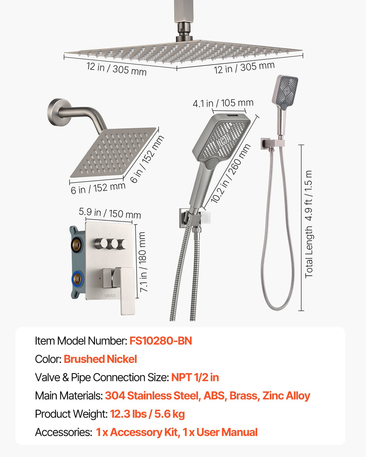 VEVOR Shower Faucet Set, 12 Inch Ceiling Mount Rainfall Shower System with 6 Inch Wall Mount Head and 4 in 1 Handheld Spray, Rotatable 3-Function Dual Rain Head Brass Valve & Trim Kit, Brushed Nickel - DPCPHSPHSTZXSBOUZ001V0 - view 8