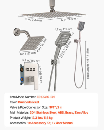 VEVOR Shower Faucet Set, 12 Inch Ceiling Mount Rainfall Shower System with 6 Inch Wall Mount Head and 4 in 1 Handheld Spray, Rotatable 3-Function Dual Rain Head Brass Valve & Trim Kit, Brushed Nickel - DPCPHSPHSTZXSBOUZ001V0 - view 8
