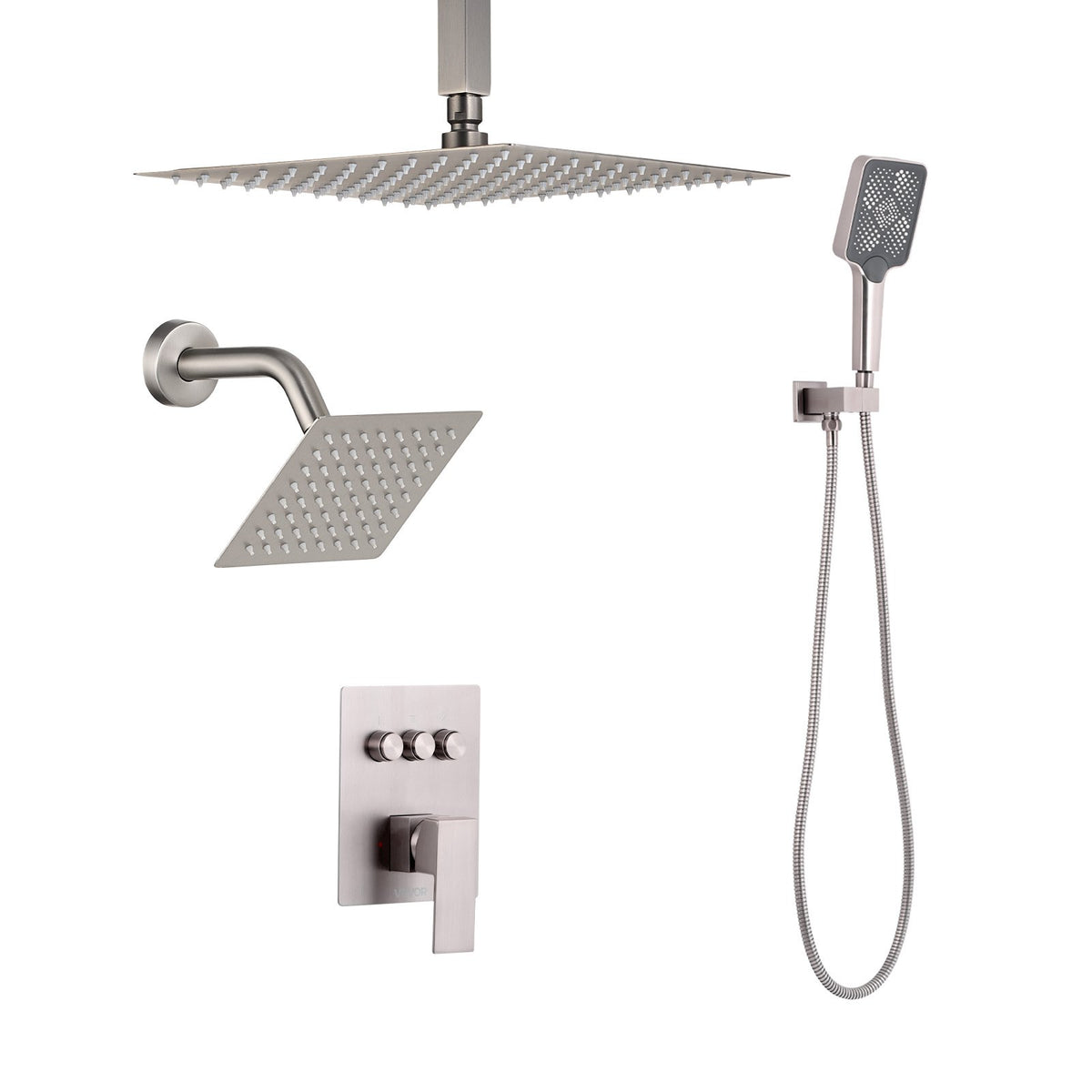 VEVOR Shower Faucet Set, 12 Inch Ceiling Mount Rainfall Shower System with 6 Inch Wall Mount Head and 4 in 1 Handheld Spray, Rotatable 3-Function Dual Rain Head Brass Valve & Trim Kit, Brushed Nickel - DPCPHSPHSTZXSBOUZ001V0 - view 10
