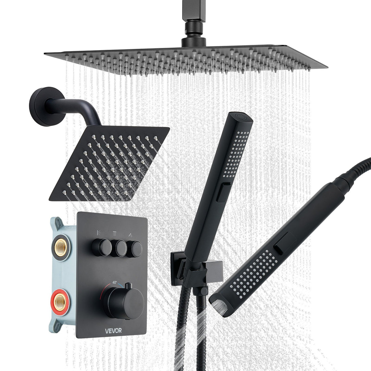 VEVOR Shower Faucet Set, 12 Inch Thermostatic Ceiling Mount Rainfall Shower System with 6 Inch Wall Mount Head and 2 in 1 Handheld Spray, 3-Function Dual Rain Head Brass Valve & Trim Kit, Matte Black - DPCPHSPHSTZXY93N5001V0 - view 1