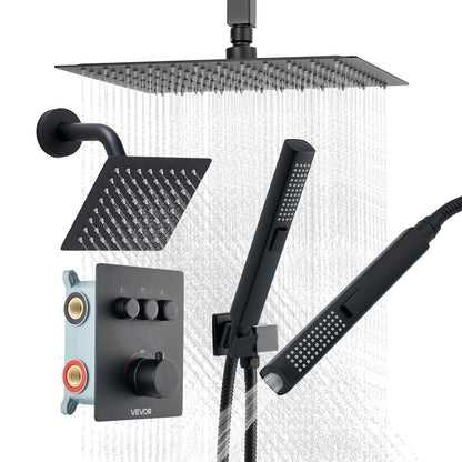VEVOR Shower Faucet Set, 12 Inch Thermostatic Ceiling Mount Rainfall Shower System with 6 Inch Wall Mount Head and 2 in 1 Handheld Spray, 3-Function Dual Rain Head Brass Valve & Trim Kit, Matte Black - DPCPHSPHSTZXY93N5001V0 - view 1