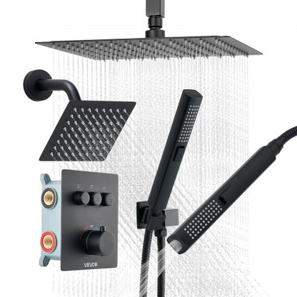 VEVOR Shower Faucet Set, 12 Inch Thermostatic Ceiling Mount Rainfall Shower System with 6 Inch Wall Mount Head and 2 in 1 Handheld Spray, 3-Function Dual Rain Head Brass Valve & Trim Kit, Matte Black - DPCPHSPHSTZXY93N5001V0 - view 2