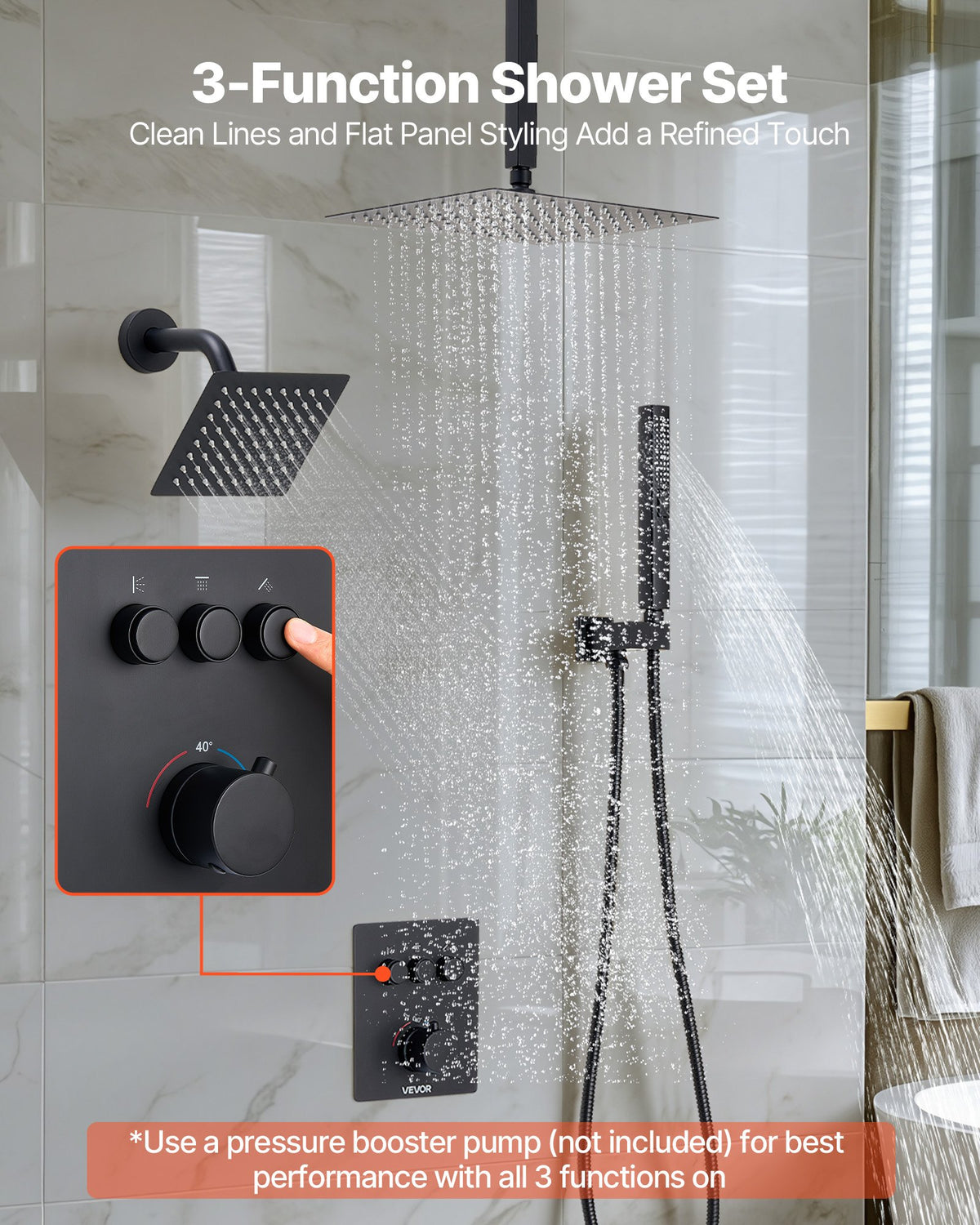 VEVOR Shower Faucet Set, 12 Inch Thermostatic Ceiling Mount Rainfall Shower System with 6 Inch Wall Mount Head and 2 in 1 Handheld Spray, 3-Function Dual Rain Head Brass Valve & Trim Kit, Matte Black - DPCPHSPHSTZXY93N5001V0 - view 3