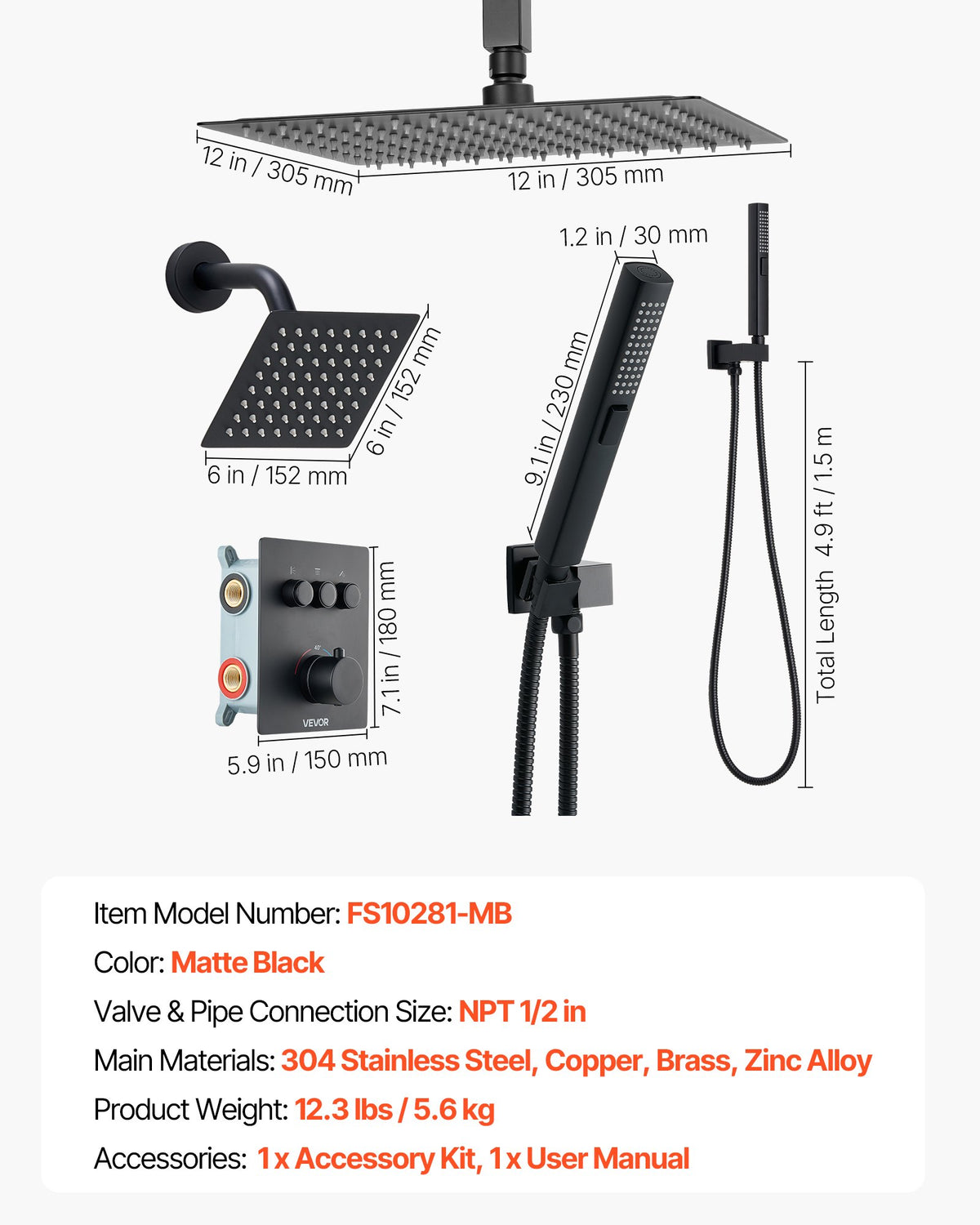VEVOR Shower Faucet Set, 12 Inch Thermostatic Ceiling Mount Rainfall Shower System with 6 Inch Wall Mount Head and 2 in 1 Handheld Spray, 3-Function Dual Rain Head Brass Valve & Trim Kit, Matte Black - DPCPHSPHSTZXY93N5001V0 - view 8