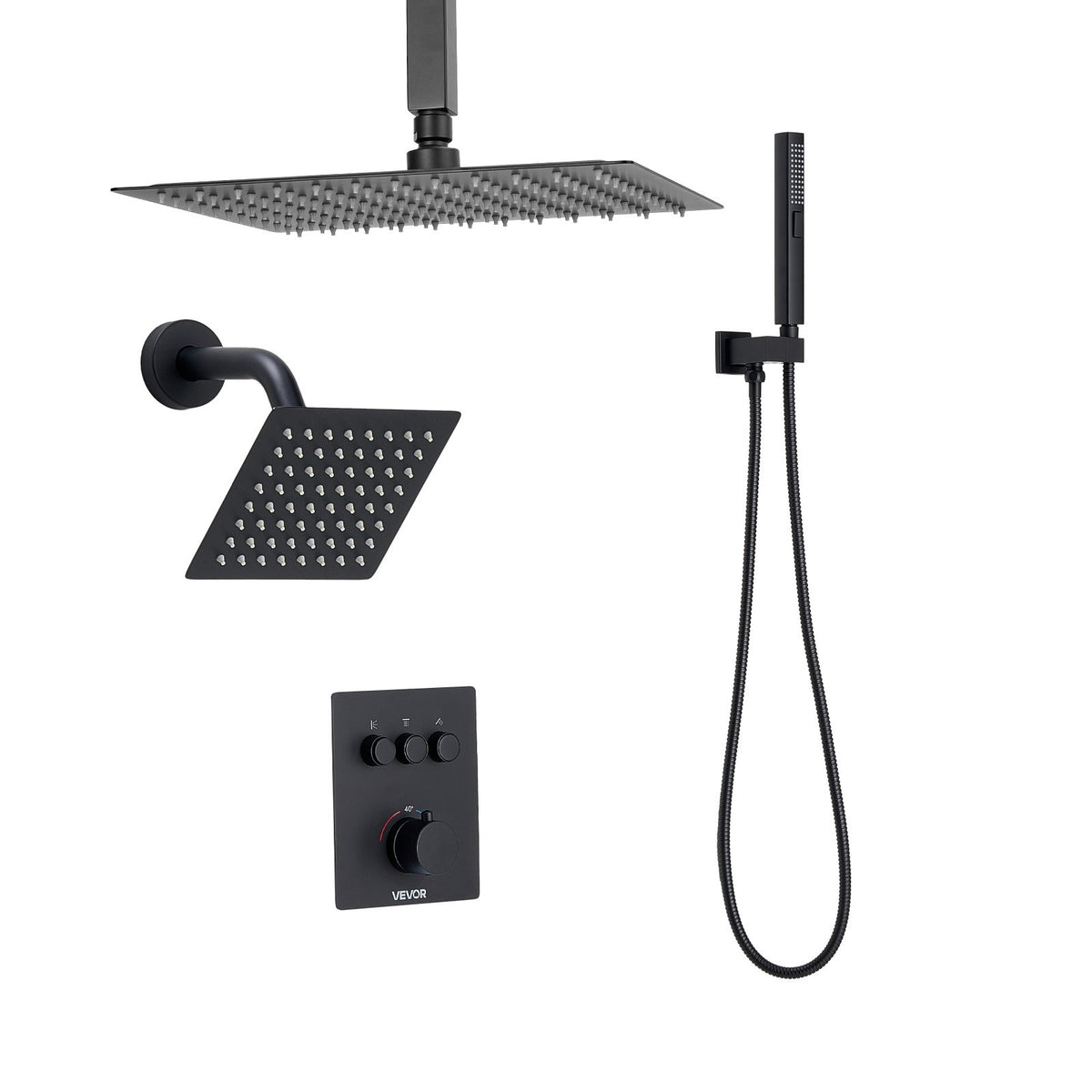 VEVOR Shower Faucet Set, 12 Inch Thermostatic Ceiling Mount Rainfall Shower System with 6 Inch Wall Mount Head and 2 in 1 Handheld Spray, 3-Function Dual Rain Head Brass Valve & Trim Kit, Matte Black - DPCPHSPHSTZXY93N5001V0 - view 10