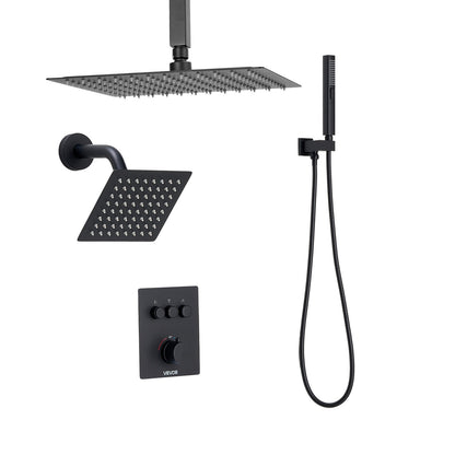 VEVOR Shower Faucet Set, 12 Inch Thermostatic Ceiling Mount Rainfall Shower System with 6 Inch Wall Mount Head and 2 in 1 Handheld Spray, 3-Function Dual Rain Head Brass Valve & Trim Kit, Matte Black - DPCPHSPHSTZXY93N5001V0 - view 10