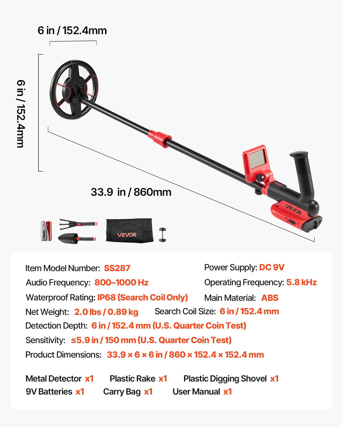 VEVOR Metal Detector, 6", Lightweight Metal Detector with LCD Display, IP68 Waterproof Search Coil, Adjustable 22.8"-33.8" High Accuracy Gold Detector, Easy to Use, for Detecting Gold Treasure Hunting - DPJSTCQ6INCHV1VUS001V9 - view 8