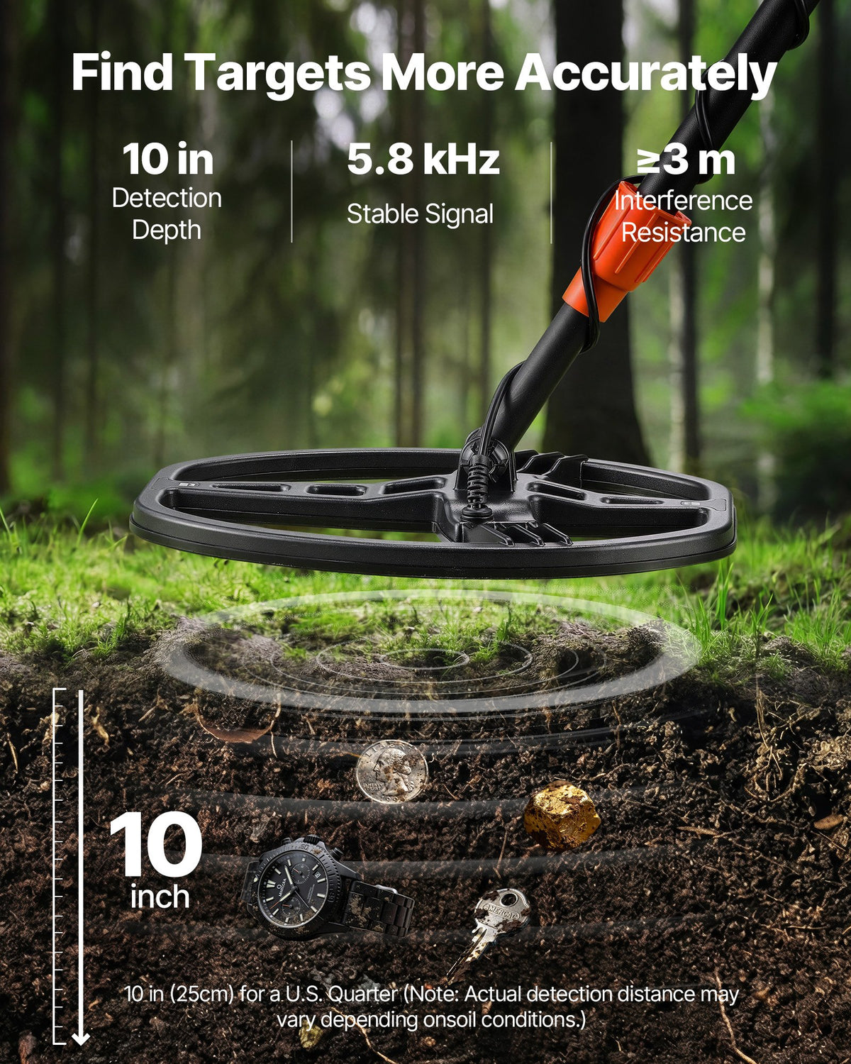 VEVOR Metal Detector for Adults, 10", Professional High Accuracy Gold Detector, IP68 Waterproof Search Coil with Display, Headphones, 5 Modes, Adjustable Length, for Detecting Gold Treasure Hunting - DPJSTCQJB10ID7GHN001V9 - view 3