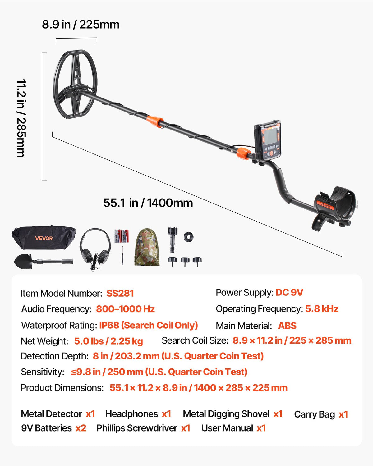 VEVOR Metal Detector for Adults, 10", Professional High Accuracy Gold Detector, IP68 Waterproof Search Coil with Display, Headphones, 5 Modes, Adjustable Length, for Detecting Gold Treasure Hunting - DPJSTCQJB10ID7GHN001V9 - view 8