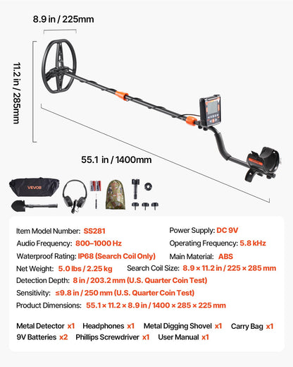 VEVOR Metal Detector for Adults, 10", Professional High Accuracy Gold Detector, IP68 Waterproof Search Coil with Display, Headphones, 5 Modes, Adjustable Length, for Detecting Gold Treasure Hunting - DPJSTCQJB10ID7GHN001V9 - view 8