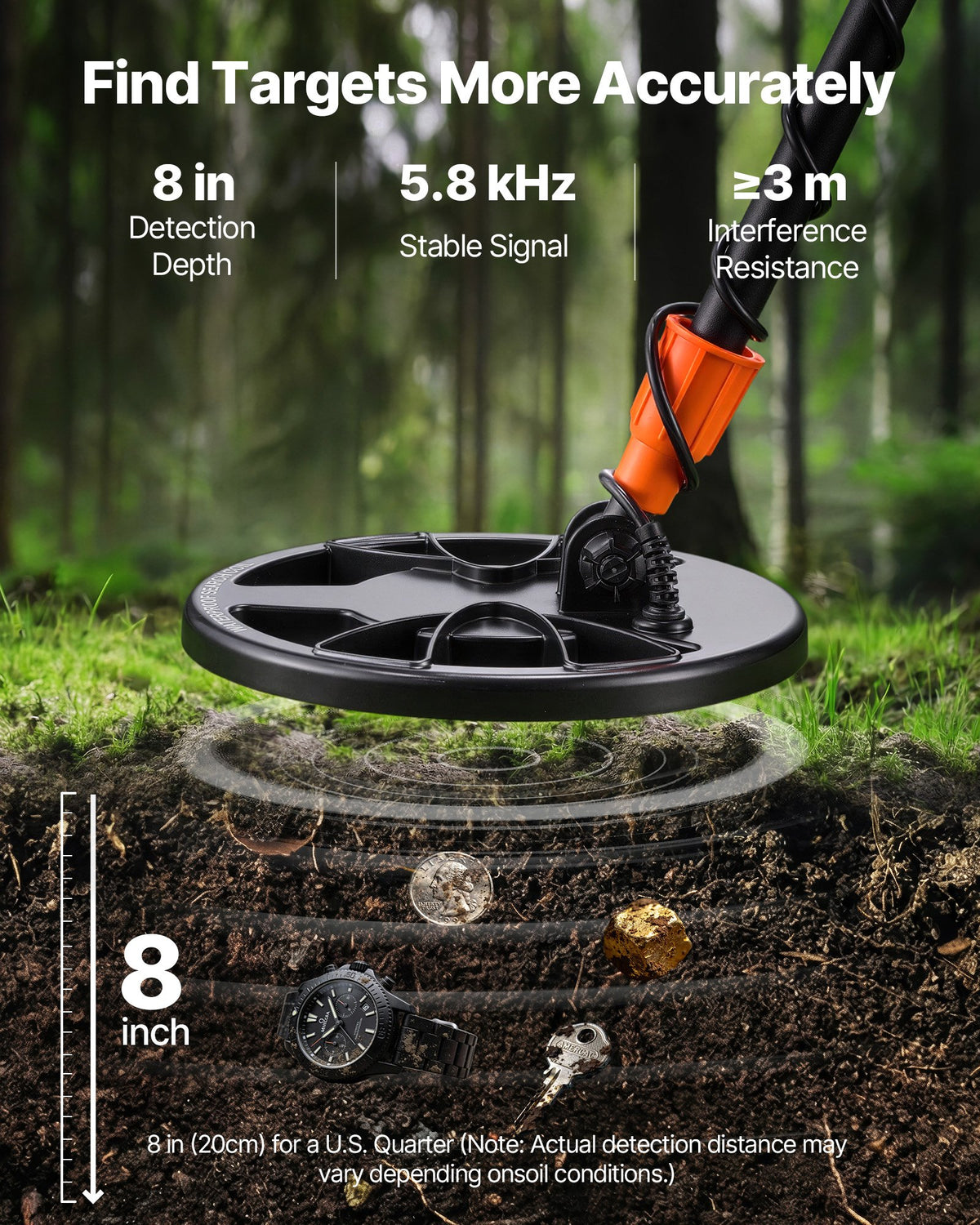 VEVOR Metal Detector for Adults, 8", Professional High Accuracy Gold Detector, IP68 Waterproof Search Coil with Display, Headphones, 3 Modes, Adjustable Length, for Detecting Gold Treasure Hunting - DPJSTCQJB8INL7VXF001V9 - view 3