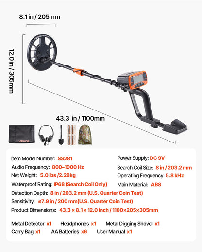 VEVOR Metal Detector for Adults, 8", Professional High Accuracy Gold Detector, IP68 Waterproof Search Coil with Display, Headphones, 3 Modes, Adjustable Length, for Detecting Gold Treasure Hunting - DPJSTCQJB8INL7VXF001V9 - view 8