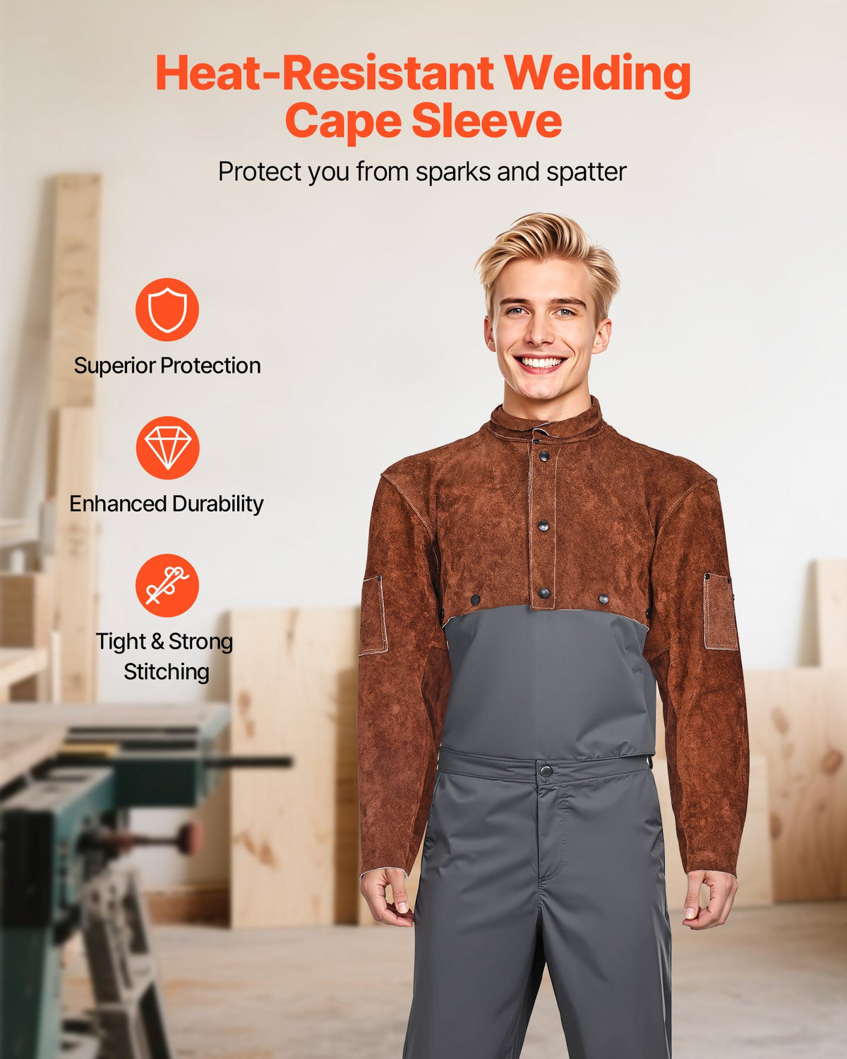 VEVOR Leather Welding Cape Sleeve, Heavy Duty Flame Resistant Cowhide Safety Cape Sleeves for Men Women, Heat-Resistant for Welding, Blacksmithing, Woodworking, Gardening, XL-Size - DPKDPKNPXLM0BW738001V0 - view 3
