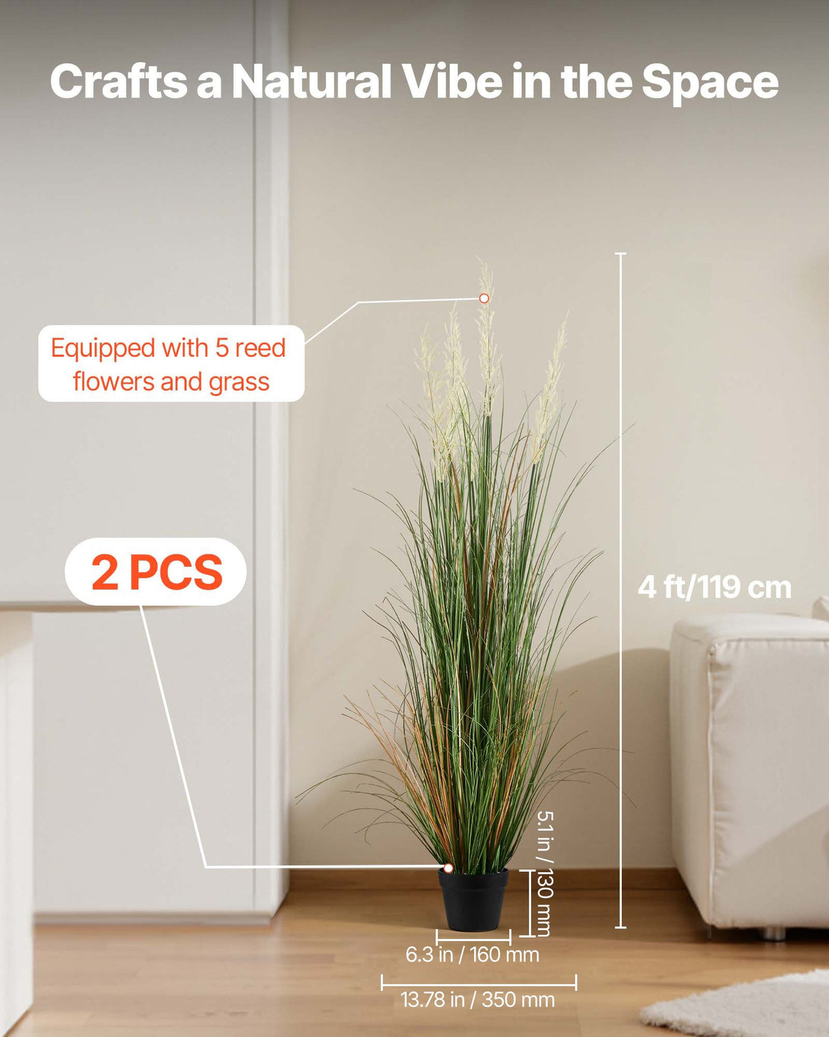 VEVOR Artificial Grass Plant, 2 Pack 47 inch Reed Flower Grass in Pot, Premium PVC Faux Fake Greenery Shrubs Plant for Indoor Outdoor House Home Garden Office Room Décor, Housewarming, Green - DPKLWHLS47INM48C5001V0 - view 3