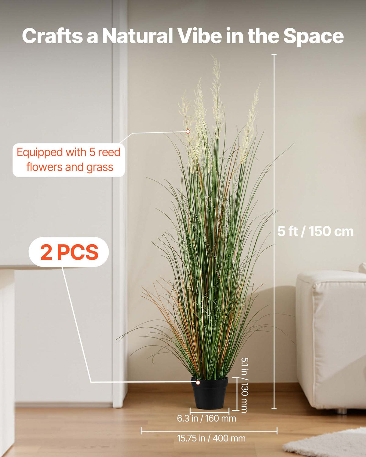 VEVOR Artificial Grass Plant, 2 Pack 59 inch Faux Reed Flower Grass in Pot, Premium PVC Fake Greenery Shrubs Plant for Indoor Outdoor House Home Garden Office Room Décor, Housewarming, Green - DPKLWHLS59IND2ABK001V0 - view 3
