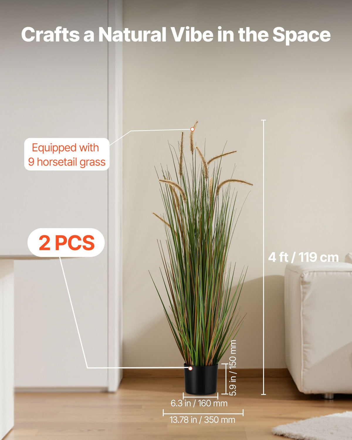 VEVOR Artificial Grass Plant, 2 Pack 47 inch Horsetail Reed Grass in Pot, Premium PVC Faux Fake Greenery Shrubs Plant for Indoor Outdoor House Home Garden Office Room Décor, Housewarming, Green - DPKMWCLS47INQSMT0001V0 - view 3