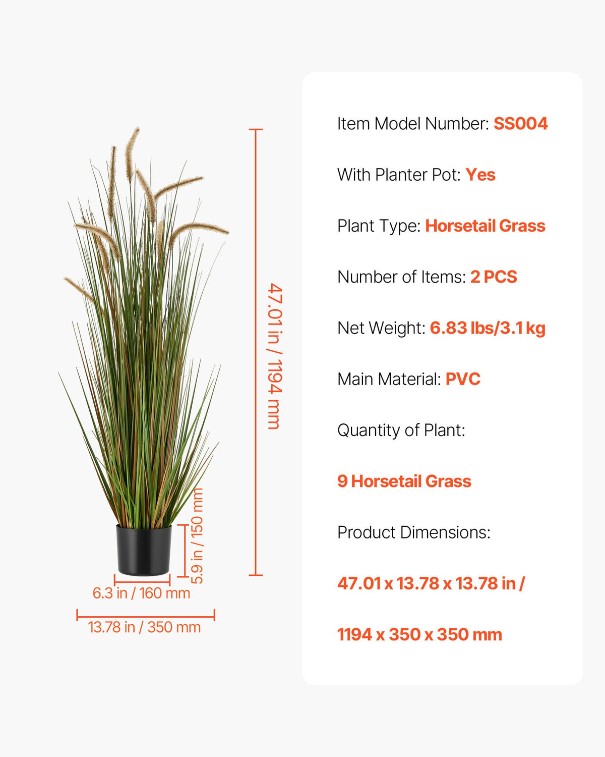 VEVOR Artificial Grass Plant, 2 Pack 47 inch Horsetail Reed Grass in Pot, Premium PVC Faux Fake Greenery Shrubs Plant for Indoor Outdoor House Home Garden Office Room Décor, Housewarming, Green - DPKMWCLS47INQSMT0001V0 - view 8