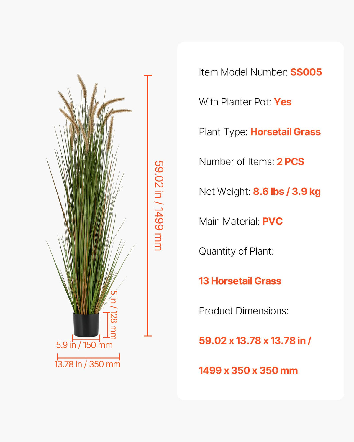 VEVOR Artificial Grass Plant, 2 Pack 59 inch Horsetail Reed Grass in Pot, Premium PVC Faux Fake Greenery Shrubs Plant for Indoor Outdoor House Home Garden Office Room Décor, Housewarming, Green - DPKMWCLS59INN4HXO001V0 - view 8
