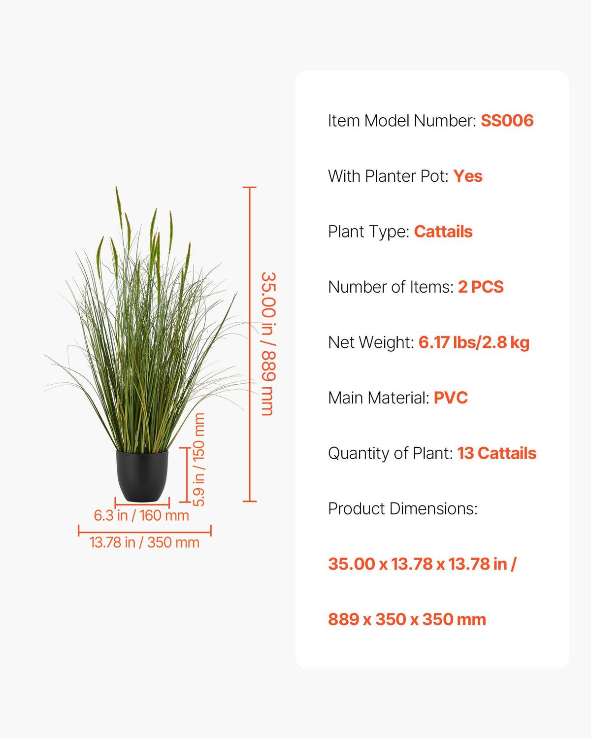 VEVOR Artificial Grass Plant, 2 Pack 35 inch Cattail Grass in Pot, Premium PVC Faux Fake Greenery Shrubs Plant for Indoor Outdoor House Home Garden Office Room Décor, Housewarming, Green - DPKXPLWCLS35CCHPH001V0 - view 8