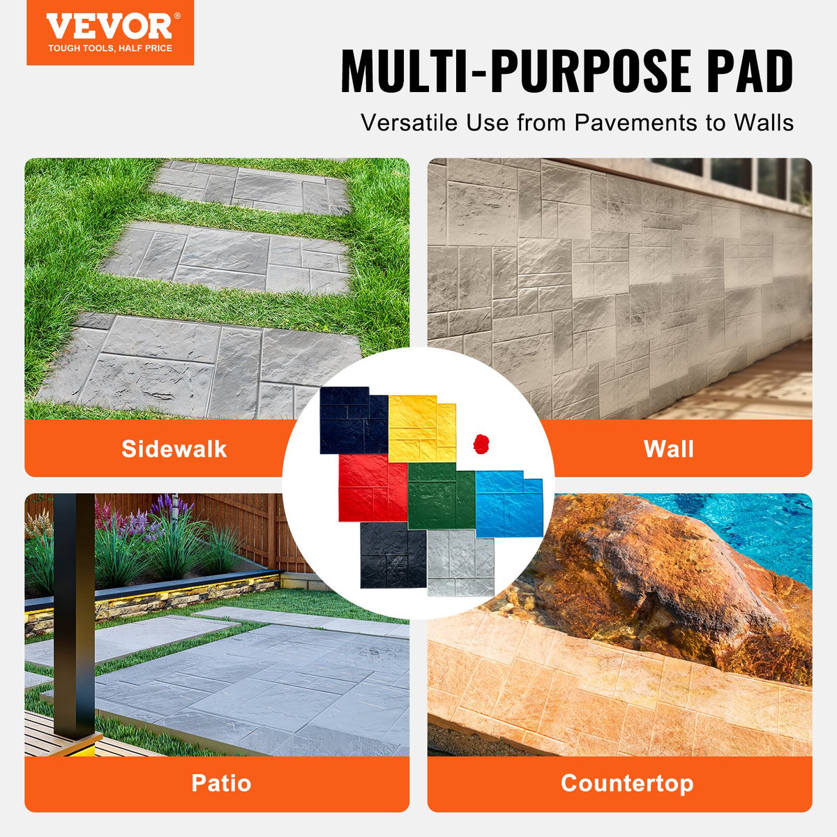 VEVOR Concrete Stamps Mat, 24 x 24 in, 7 pcsConcrete Texturing Skin Polyurethane Stamp Stone Tile Texture Mat, Slate floor Imprint Seamless Stamp Concrete Molds for Outdoor Decorative, Muti-color - DPMJCSFX7PCS55GGOV0 - view 3