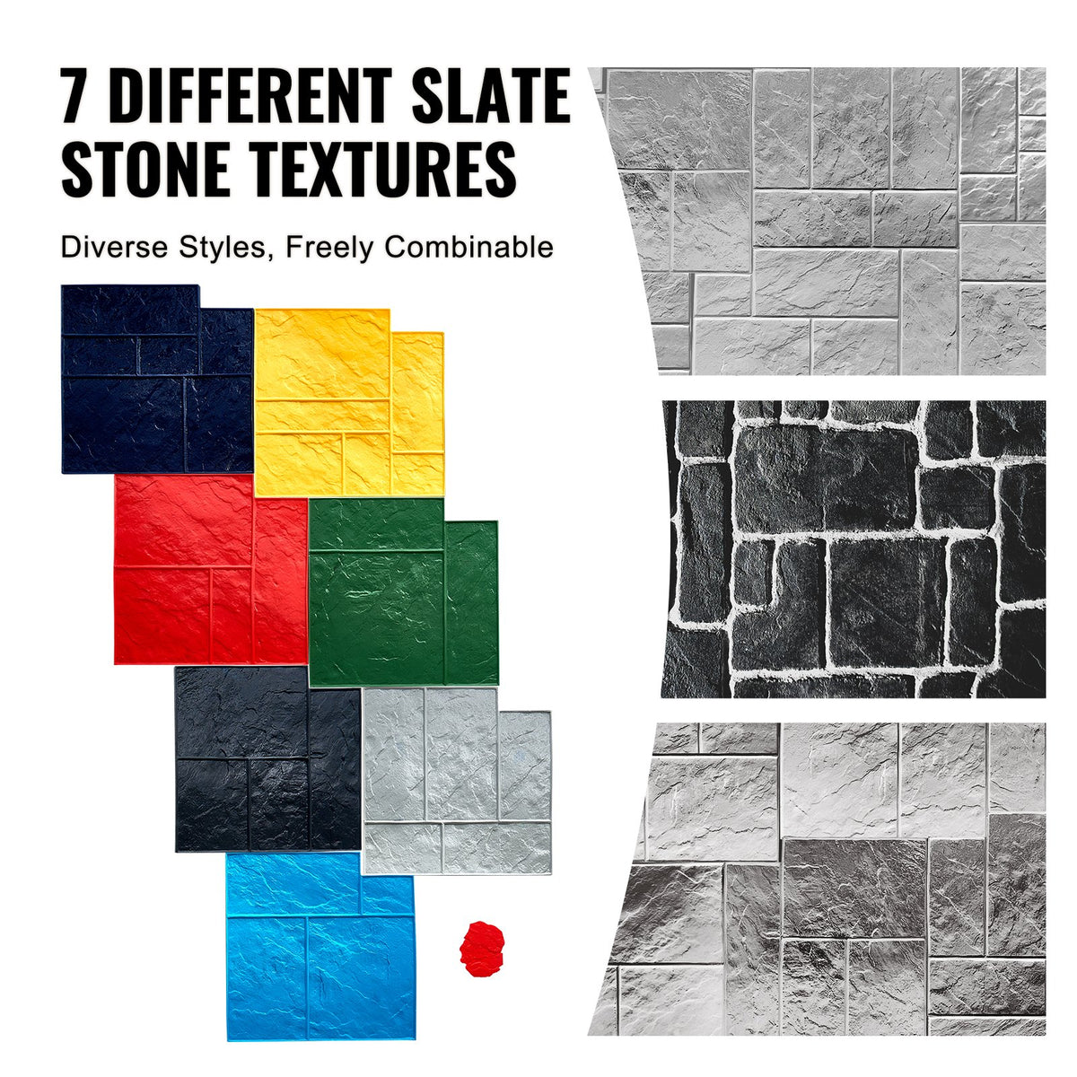 VEVOR Concrete Stamps Mat, 24 x 24 in, 7 pcsConcrete Texturing Skin Polyurethane Stamp Stone Tile Texture Mat, Slate floor Imprint Seamless Stamp Concrete Molds for Outdoor Decorative, Muti-color - DPMJCSFX7PCS55GGOV0 - view 4
