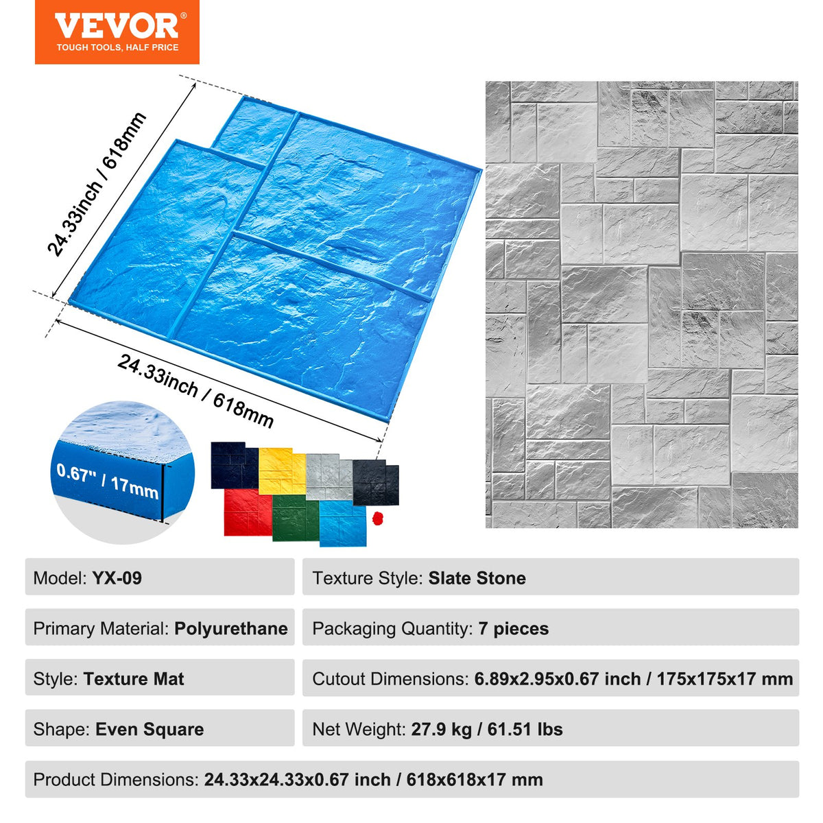 VEVOR Concrete Stamps Mat, 24 x 24 in, 7 pcsConcrete Texturing Skin Polyurethane Stamp Stone Tile Texture Mat, Slate floor Imprint Seamless Stamp Concrete Molds for Outdoor Decorative, Muti-color - DPMJCSFX7PCS55GGOV0 - view 8