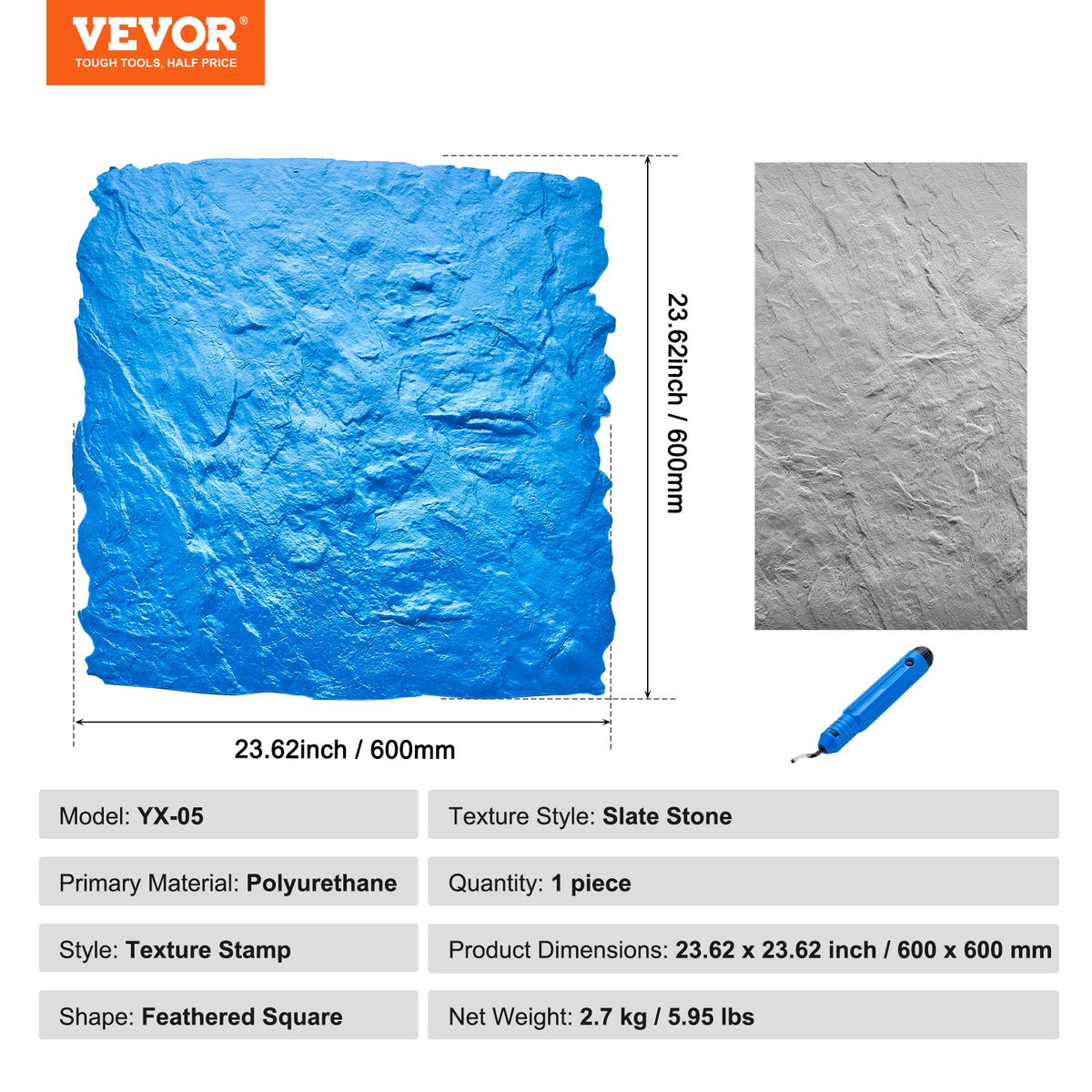 VEVOR Concrete Stamps Mat, 24 x 24 in, Concrete Texturing Skin Polyurethane Stamp Stone Tile Texture Mat, Slate floor Imprint Seamless Stamp Concrete Molds for Outdoor Decorative, Blue - DPMJLSFX1PCS06SKDV0 - view 8