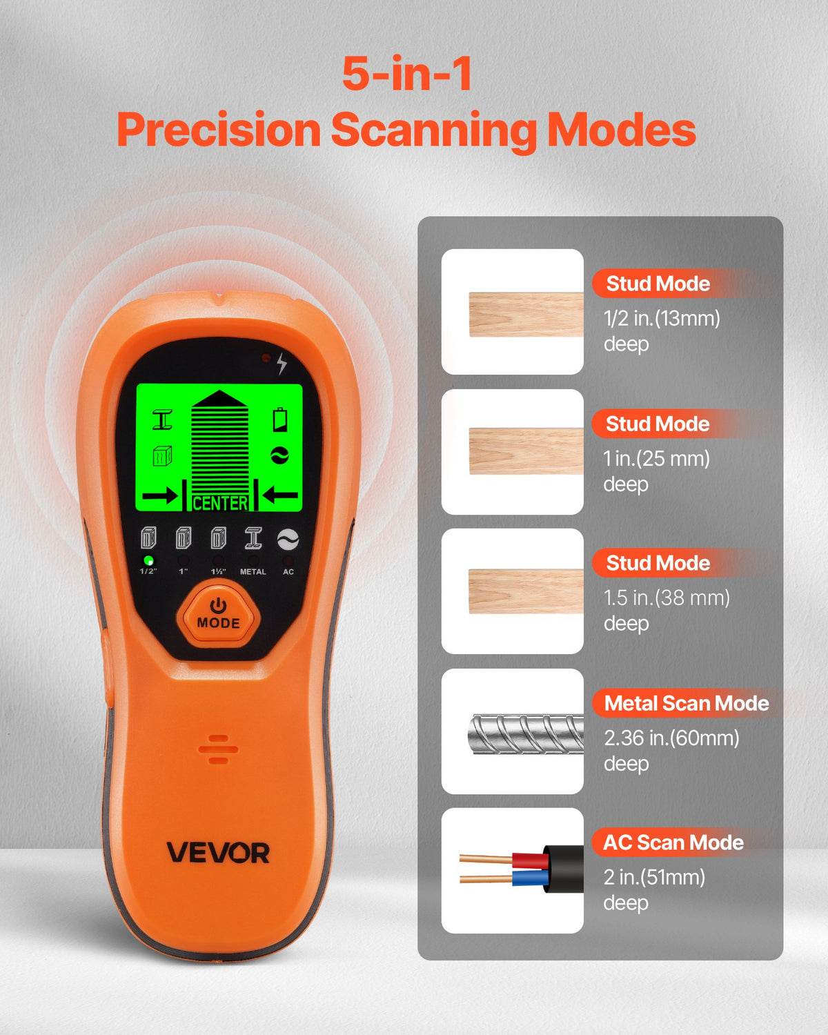 VEVOR Stud Finder Wall Scanner, 5 in 1, Electronic Wall Stud Detector with Smart Sensor, High-Definition LCD Display and Audio Alarm, for the Center and Edge of Metal, AC Wire, Joists, Pipes, Orange - DPMTCQCS0000LG5VR001V9 - view 3