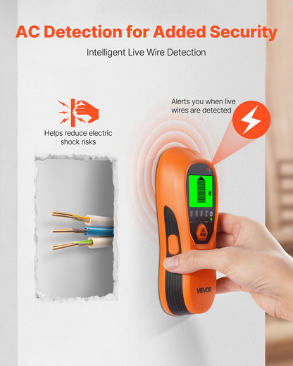 VEVOR Stud Finder Wall Scanner, 5 in 1, Electronic Wall Stud Detector with Smart Sensor, High-Definition LCD Display and Audio Alarm, for the Center and Edge of Metal, AC Wire, Joists, Pipes, Orange - DPMTCQCS0000LG5VR001V9 - view 6