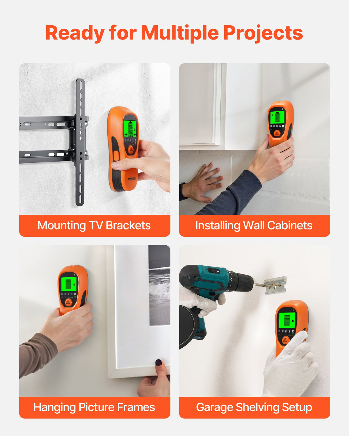 VEVOR Stud Finder Wall Scanner, 5 in 1, Electronic Wall Stud Detector with Smart Sensor, High-Definition LCD Display and Audio Alarm, for the Center and Edge of Metal, AC Wire, Joists, Pipes, Orange - DPMTCQCS0000LG5VR001V9 - view 7