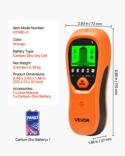 VEVOR Stud Finder Wall Scanner, 5 in 1, Electronic Wall Stud Detector with Smart Sensor, High-Definition LCD Display and Audio Alarm, for the Center and Edge of Metal, AC Wire, Joists, Pipes, Orange - DPMTCQCS0000LG5VR001V9 - view 8