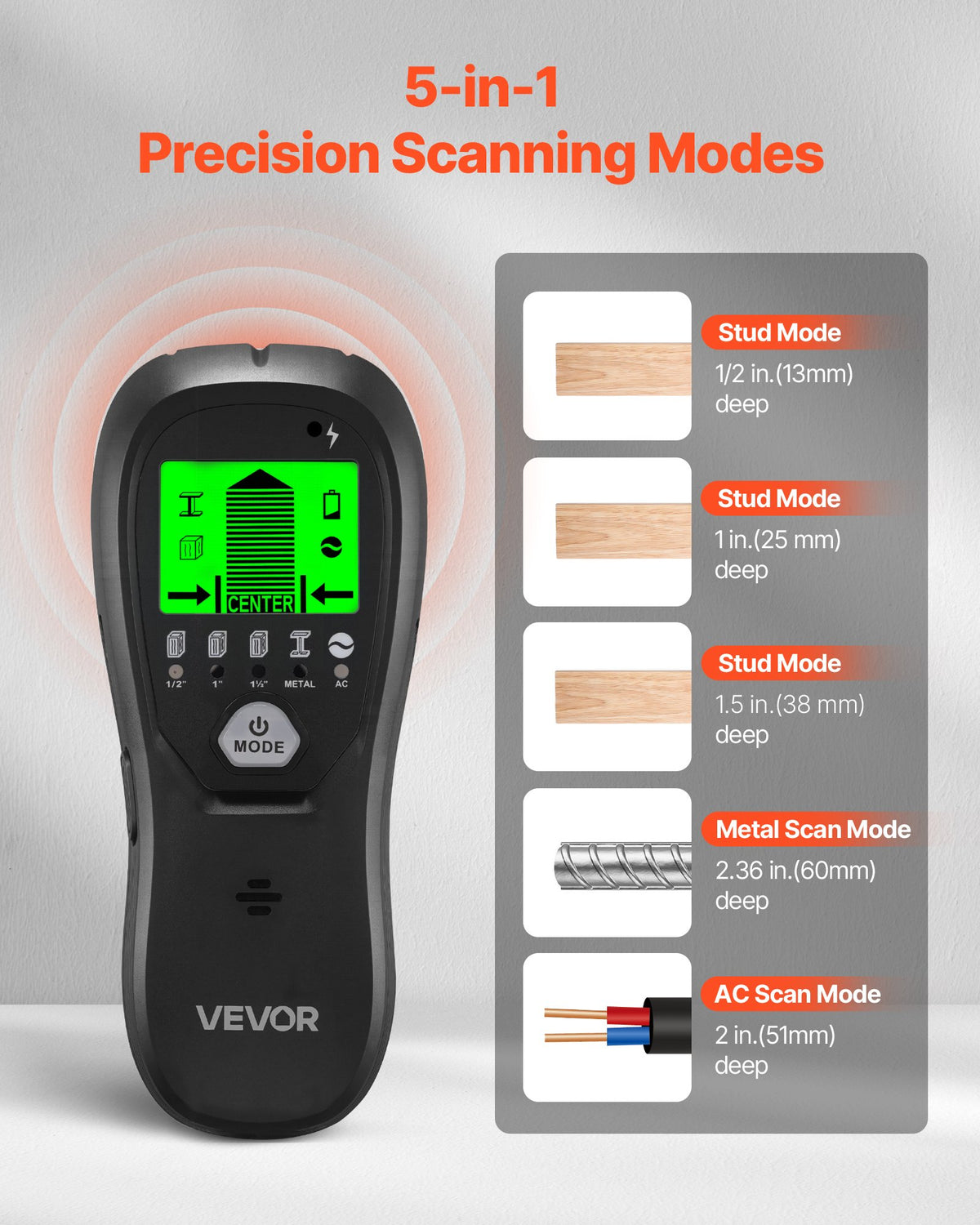 VEVOR Stud Finder Wall Scanner, 5 in 1, Electronic Wall Stud Detector with Smart Sensor, High-Definition LCD Display and Audio Alarm, for the Center and Edge of Metal, AC Wire, Joists, Pipes, Black - DPMTCQHS0000CK1ZS001V9 - view 3
