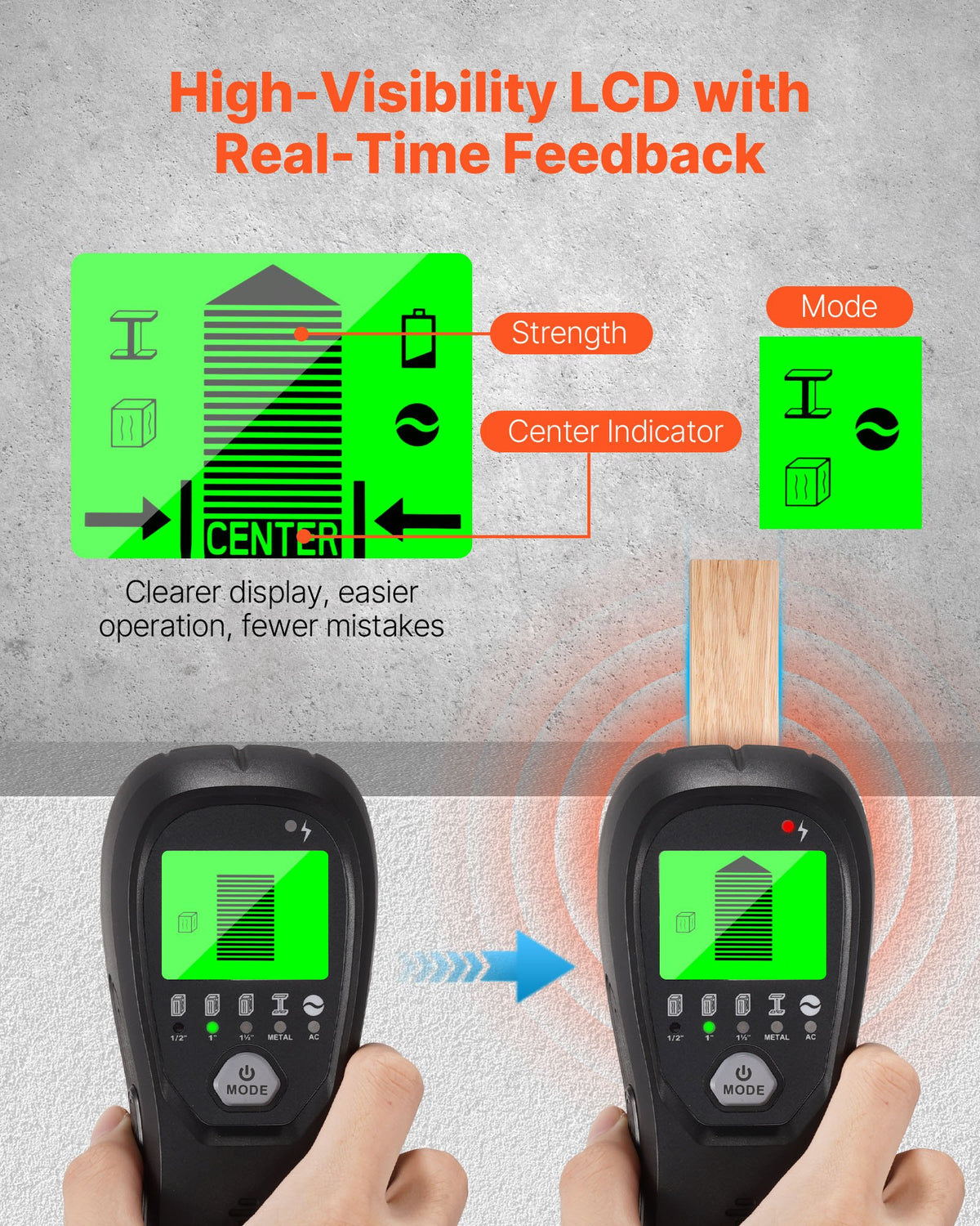 VEVOR Stud Finder Wall Scanner, 5 in 1, Electronic Wall Stud Detector with Smart Sensor, High-Definition LCD Display and Audio Alarm, for the Center and Edge of Metal, AC Wire, Joists, Pipes, Black - DPMTCQHS0000CK1ZS001V9 - view 5