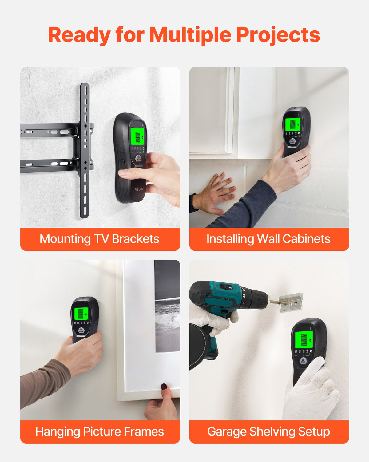 VEVOR Stud Finder Wall Scanner, 5 in 1, Electronic Wall Stud Detector with Smart Sensor, High-Definition LCD Display and Audio Alarm, for the Center and Edge of Metal, AC Wire, Joists, Pipes, Black - DPMTCQHS0000CK1ZS001V9 - view 7