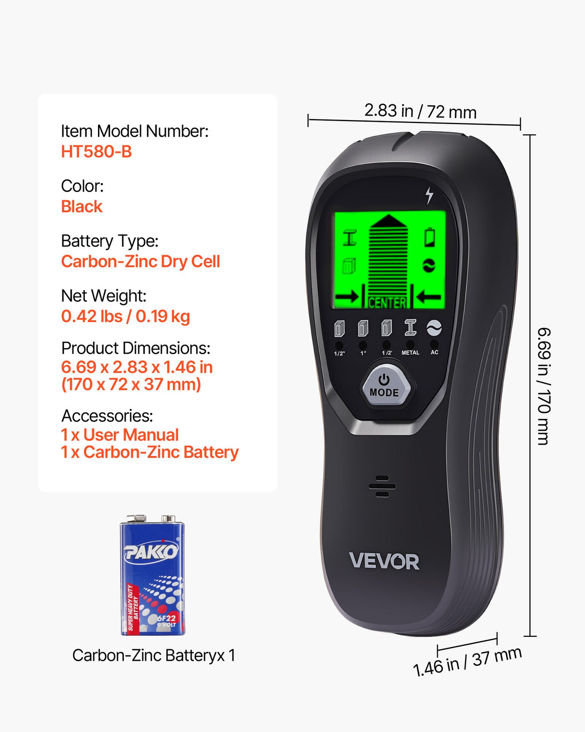 VEVOR Stud Finder Wall Scanner, 5 in 1, Electronic Wall Stud Detector with Smart Sensor, High-Definition LCD Display and Audio Alarm, for the Center and Edge of Metal, AC Wire, Joists, Pipes, Black - DPMTCQHS0000CK1ZS001V9 - view 8