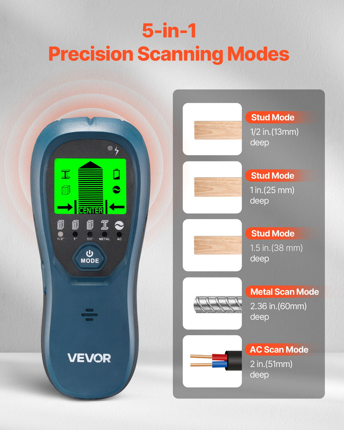 VEVOR Stud Finder Wall Scanner, 5 in 1, Electronic Wall Stud Detector with Smart Sensor, High-Definition LCD Display and Audio Alarm, for the Center and Edge of Metal, AC Wire, Joists, Pipes, Blue - DPMTCQLS0000VZB7L001V9 - view 3