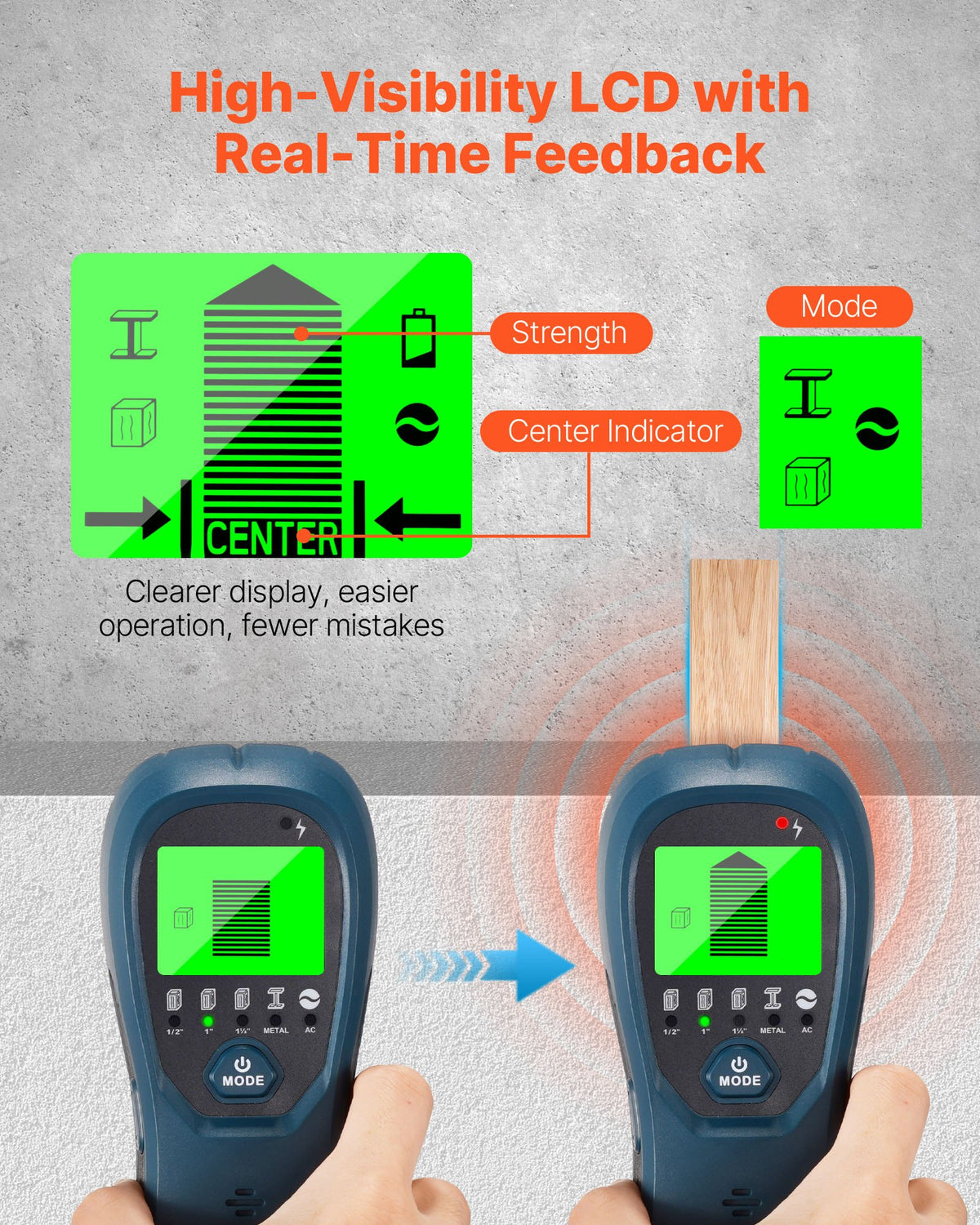 VEVOR Stud Finder Wall Scanner, 5 in 1, Electronic Wall Stud Detector with Smart Sensor, High-Definition LCD Display and Audio Alarm, for the Center and Edge of Metal, AC Wire, Joists, Pipes, Blue - DPMTCQLS0000VZB7L001V9 - view 5
