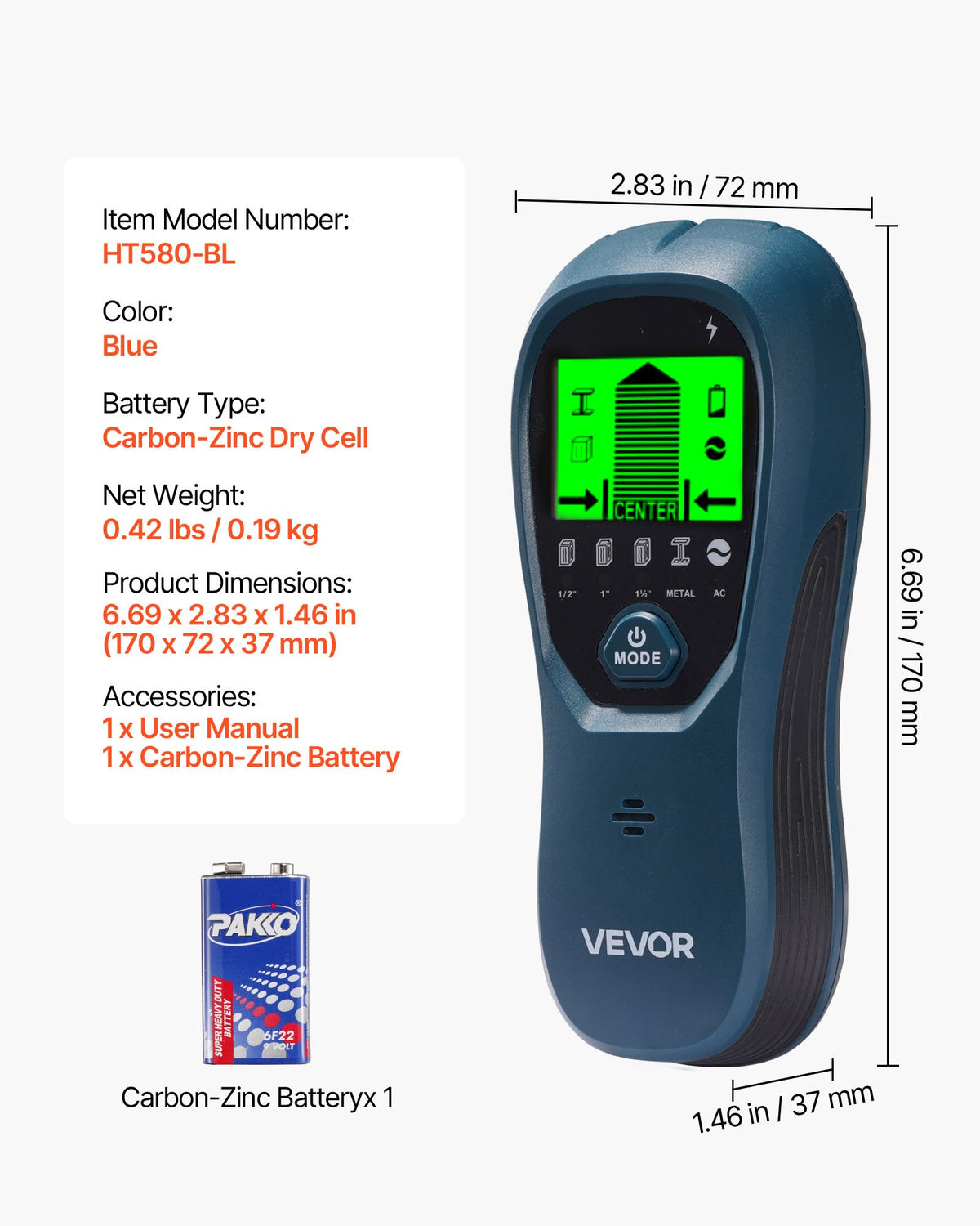 VEVOR Stud Finder Wall Scanner, 5 in 1, Electronic Wall Stud Detector with Smart Sensor, High-Definition LCD Display and Audio Alarm, for the Center and Edge of Metal, AC Wire, Joists, Pipes, Blue - DPMTCQLS0000VZB7L001V9 - view 8
